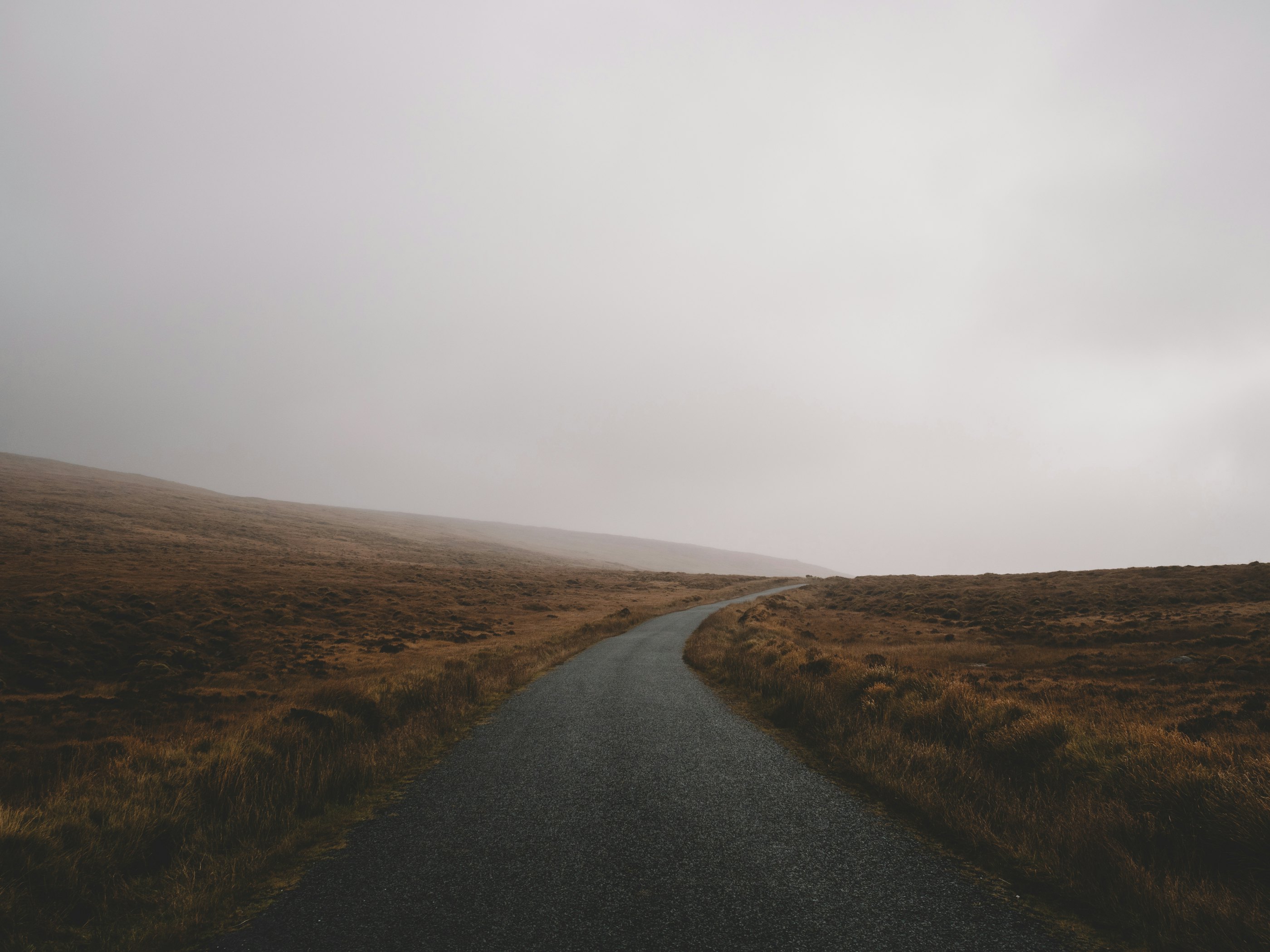 A narrow road runs across brown bogland into thick grey fog.