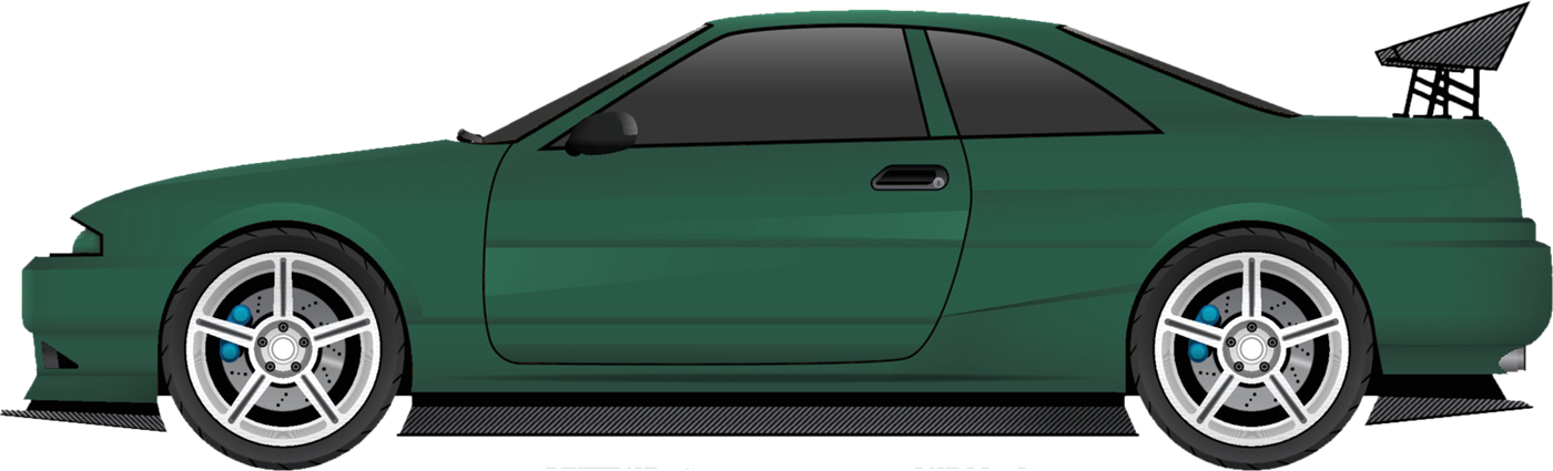 Bottle-green 90s coupé with a big rear spoiler pulling in for the lift home.