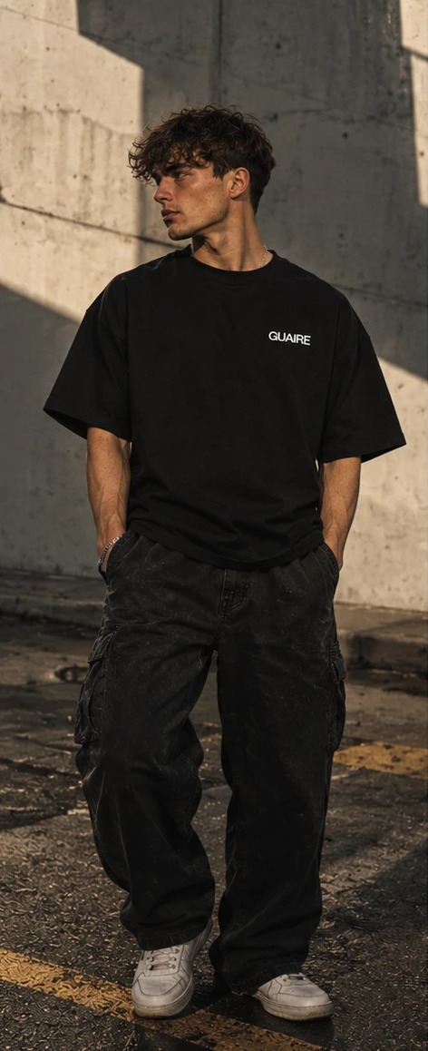 A man in an oversized black Guaire tee with a small white chest logo, black cargo trousers and white trainers, standing by a concrete wall in low sun.