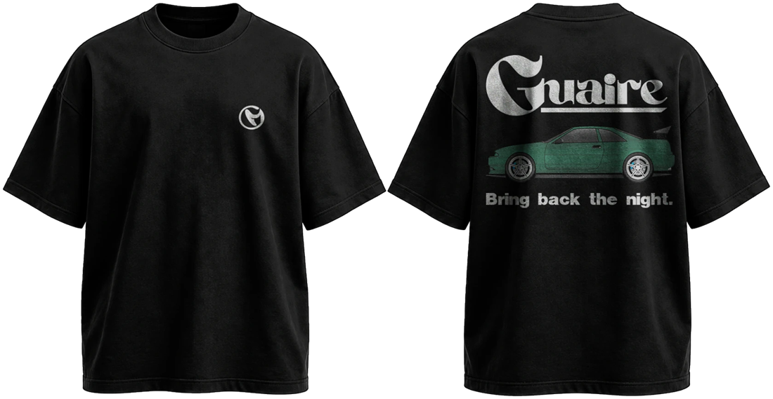 Black oversized tee, front and back: a white G roundel on the chest; on the back, the Guaire wordmark over a bottle-green 90s coupé and the words 'Bring back the night.'