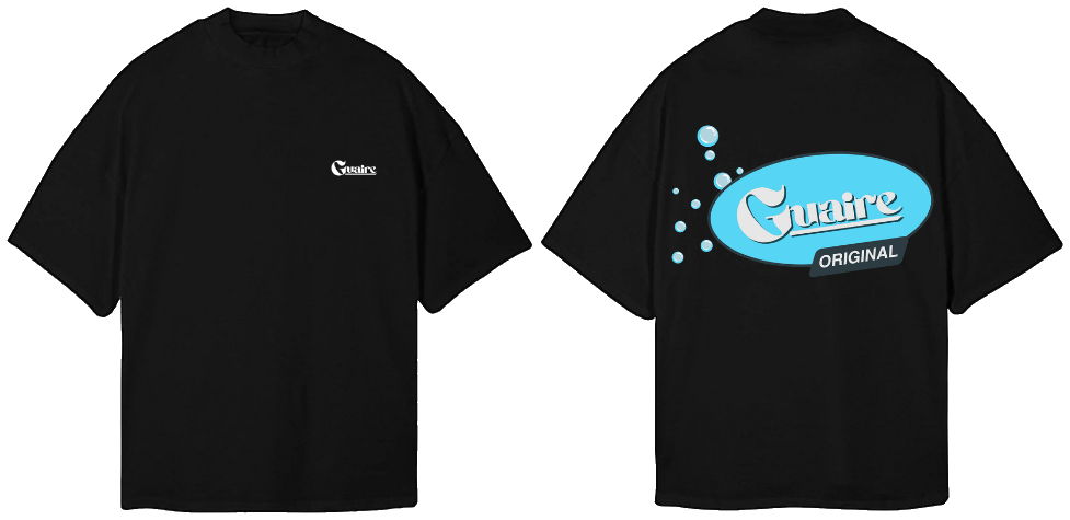 Black oversized tee, front and back: a small white Guaire logo on the chest and a sky-blue Guaire Original oval with bubbles across the back.